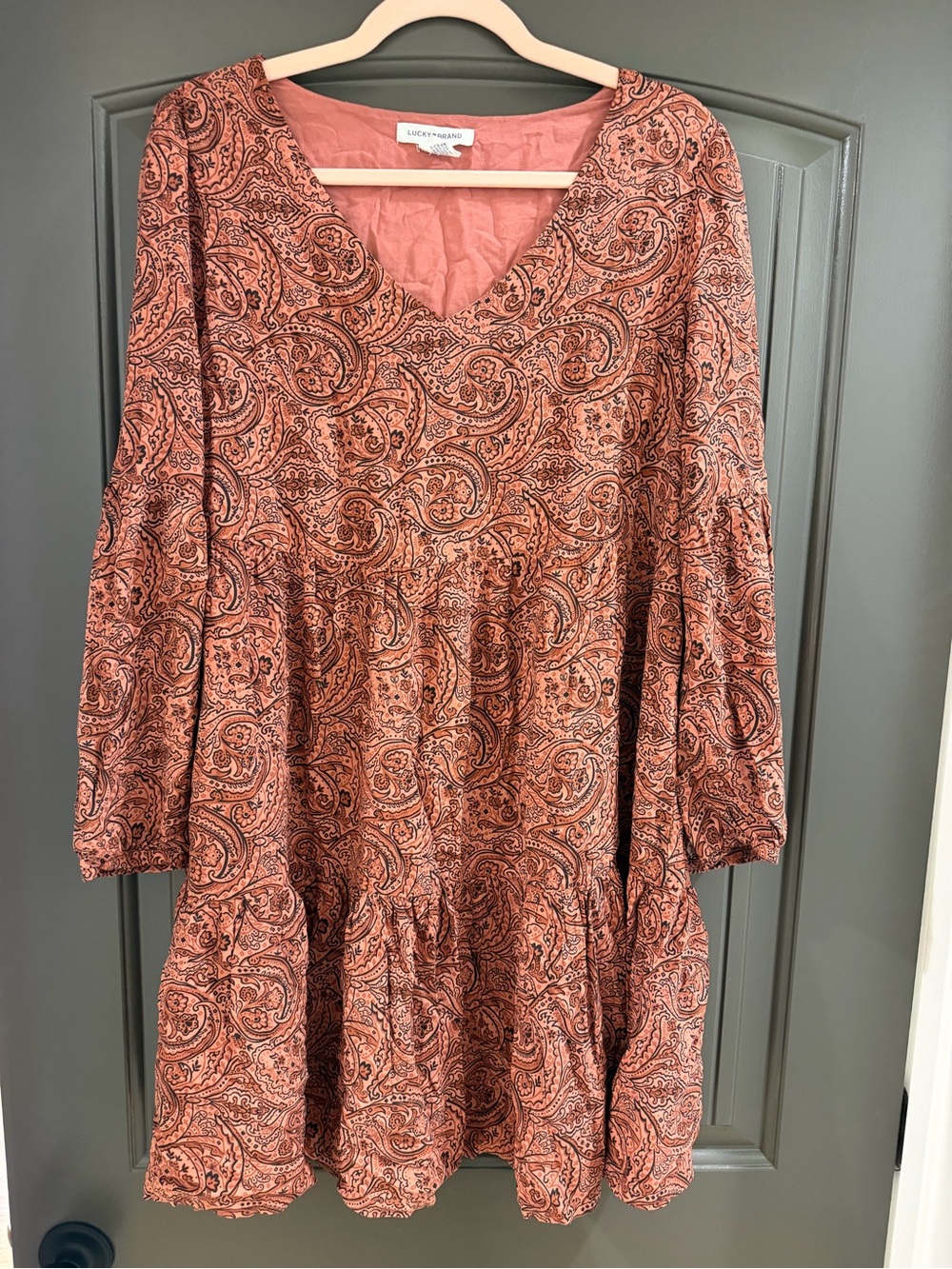 Lucky Brand Women’s Paisley Mini Dress Size S Rust Pink Boho Long Sleeve V Neck